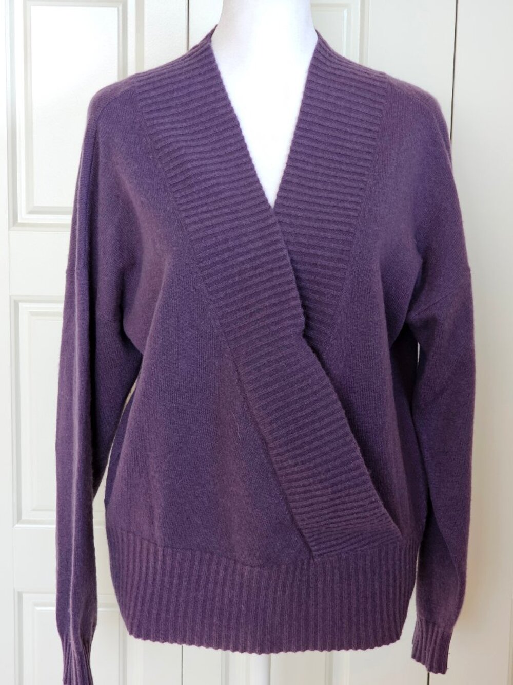 Garnet Hill Plum Cashmere Wrap Sweater L Shawl Collar Soft Autumn Knit